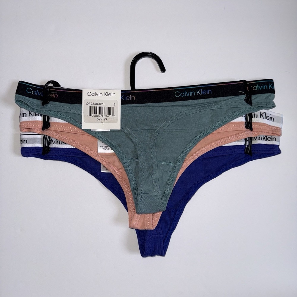 NWT Calvin Klein Thong 3 Pack Womens Size SMALL Cotton Rainbow Logo Waistband - Picture 4 of 4